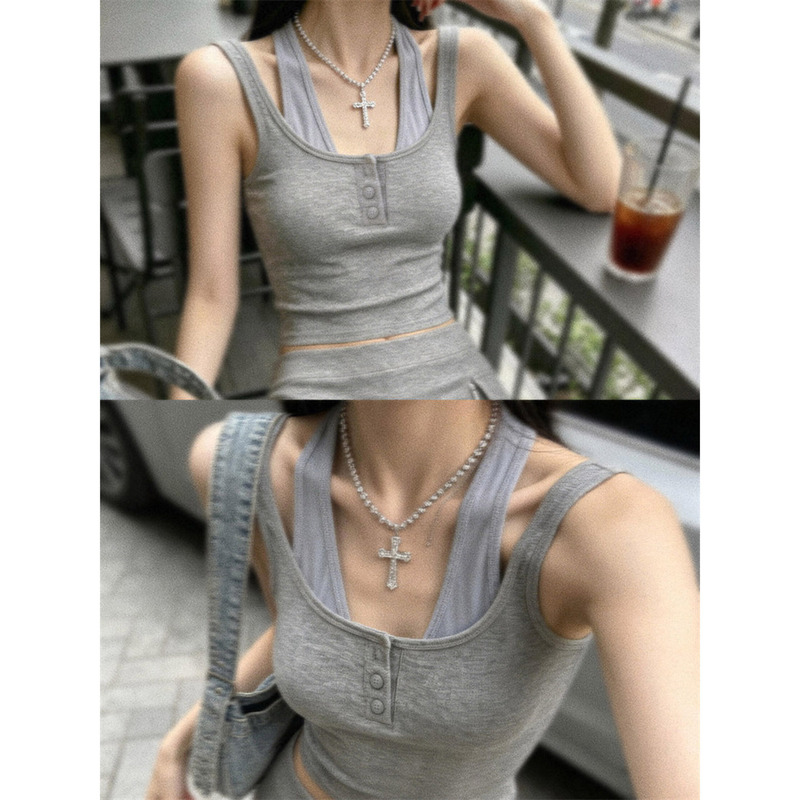 American Retro Blue and Gray Faux Two-Piece Halter Neck Sleeveless Camisole for Women, Summer Outerwear with Chest Pads, Trendy Top
