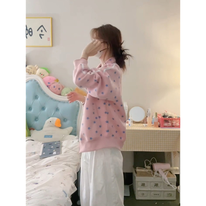 Korean-Style College Style Pink Star-Printed Stand-Collar Cardigan Sweatshirt Jacket for Women Early Autumn Loose Lazy Jacket Trendy