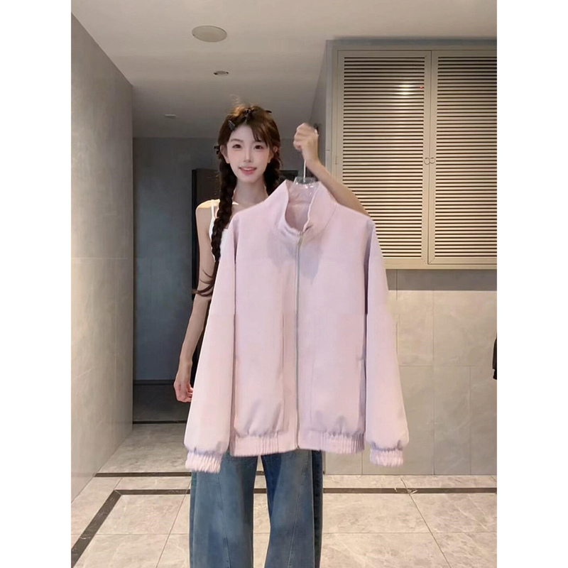 Korean-Style Sweet Retro College-Style Pink Stand-Collar Pu Leather Jacket for Women, Autumn Design Versatile Jacket Baseball Uniform Korean-Style Sweet Retro College-Style Pink Stand-Collar Pu Leather Jacket for Women, Autumn Design Versatile Jacket Baseball Uniform