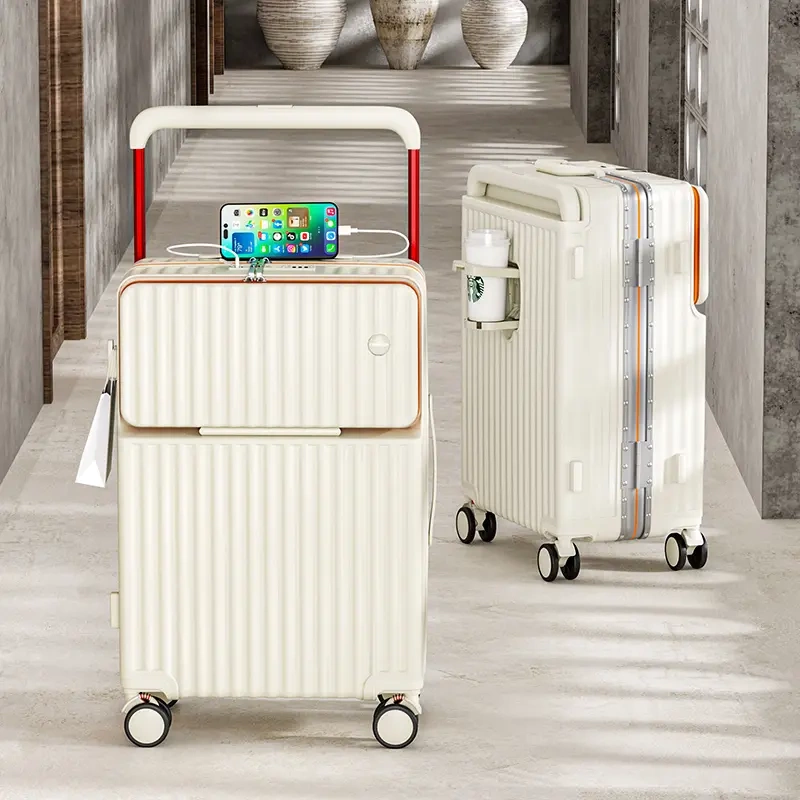 Power Compartment Suitcase with Front Opening, Wide Trolley Suitcase, Large Capacity Women's Trolley Suitcase, 24inch Travel Suitcase, Carry-On Suitcase