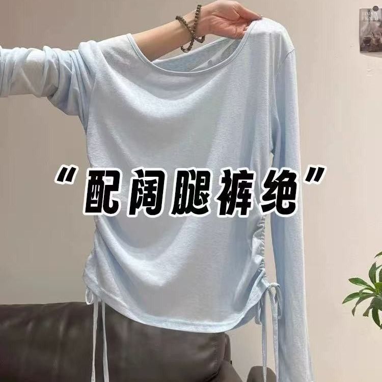 Korean Pinch Waist Pleated Lace Design Sun Protection Long-Sleeved T-Shirt for Women Summer New Loose Slimming Look Top Korean Pinch Waist Pleated Lace Design Sun Protection Long-Sleeved T-Shirt for Women Summer New Loose Slimming Look Top