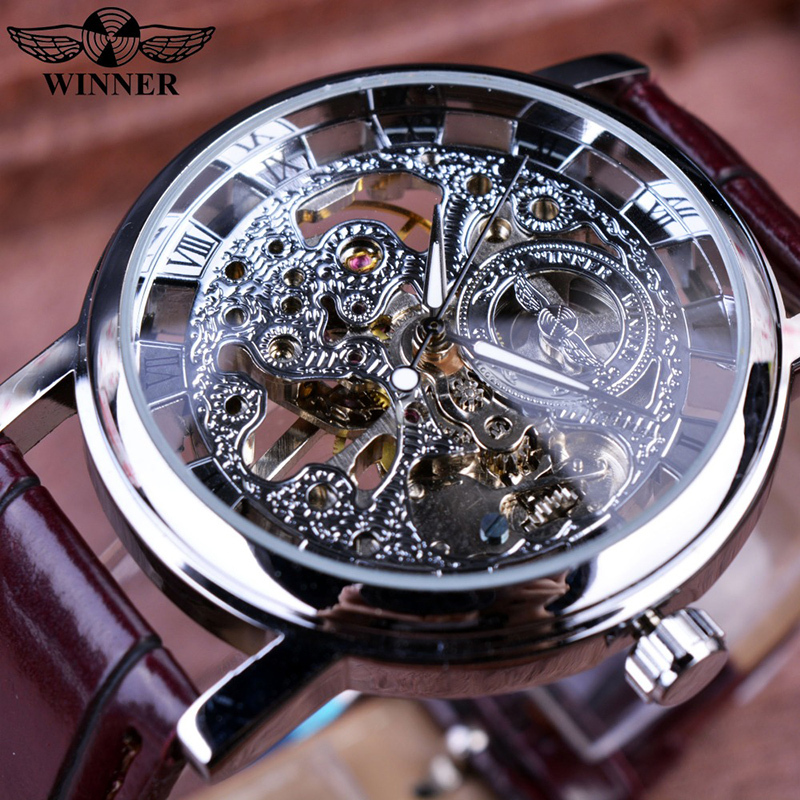 Roman Numeral Retro Hollow Manual Mechanical Watch with Leather Strap, Personalized Tiktok Influencer Style Unisex Watch for Students