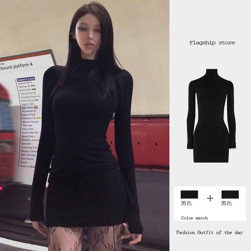 Black High-Neck Long-Sleeved Bottoming Dress for Women, New Autumn Style, Hot Girl Style, Super Nice, Waist-Cinching, Slimming, Butt-Hugging Short Skirt Black High-Neck Long-Sleeved Bottoming Dress for Women, New Autumn Style, Hot Girl Style, Super Nice, Waist-Cinching, Slimming, Butt-Hugging Short Skirt