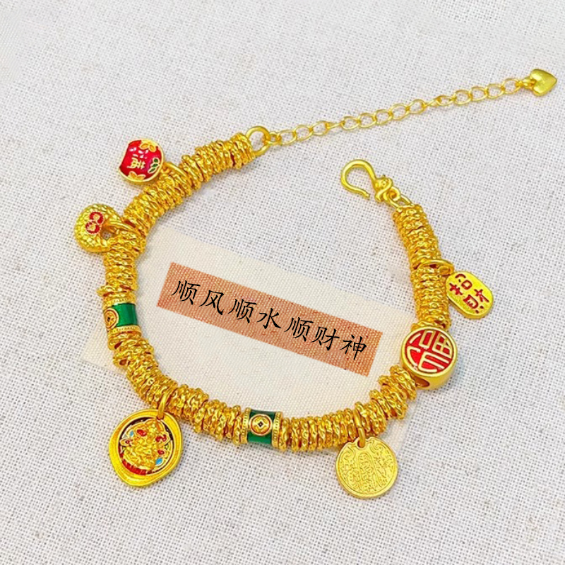 Gold Enamel Yellow God of Wealth Chubby Fortune Plate Bracelet, Wealth-Attracting Bracelet, Light Luxury, Fashionable and Elegant, Gift for Girlfriend