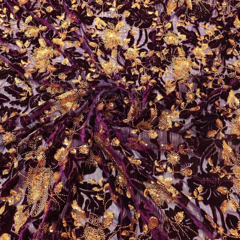 Deep Purple In-Stock 3D Floral Bead Tube Embroidery Gold Thread Woven Gold Sequin Wedding Dress Women's Dress Fabric