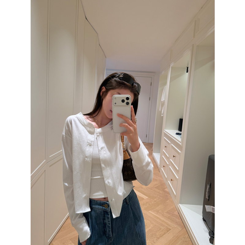 Multimath Little Ding Baoli/Henry Cardigan/Summer White Simple Henry Collar Loose Long Sleeve Top for Women