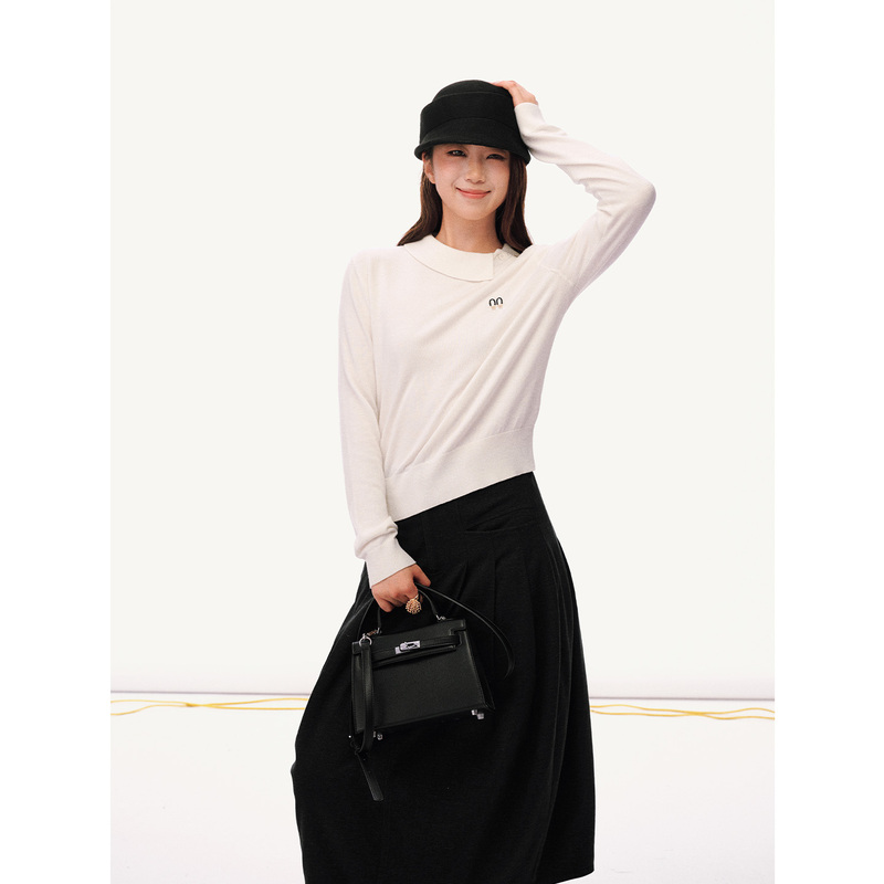 Multimath Little Ding Baoli/Scissors Polo/Early Autumn Casual Asymmetrical Neck Long Sleeve Short Knit Top for Women