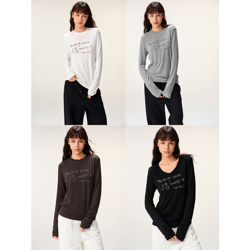 Multimath Little Ding Baoli/Sunbathing/Regular Shoulder Top Loose Casual Round Neck Letter Print Long Sleeve T-Shirt