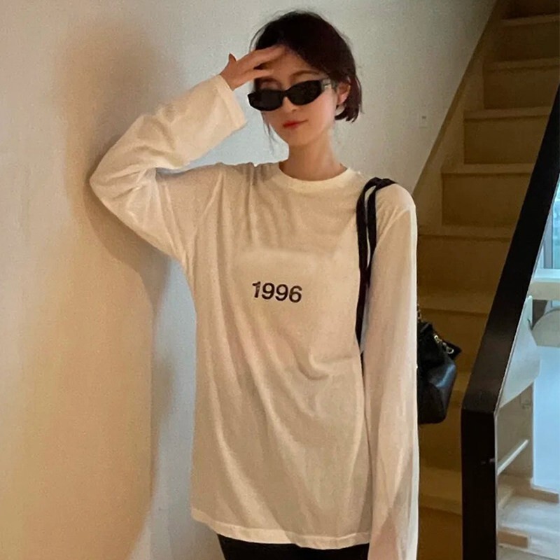 Halfmark Xu Ruohan's Same Style Retro Distressed Gradient Ac1996 Printed Pure Cotton Round Neck Loose Long-Sleeved T-Shirt Halfmark Xu Ruohan's Same Style Retro Distressed Gradient Ac1996 Printed Pure Cotton Round Neck Loose Long-Sleeved T-Shirt