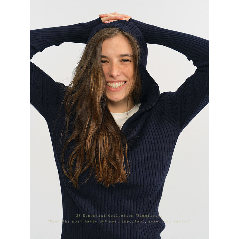 Who Sells Peach-Colored Wool Hooded Half-Zip Knit Sweater for Women, Long-Sleeved, Navy Blue, Slimming, Solid Color Top, Early Autumn New Style?