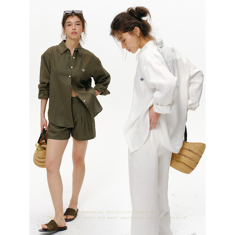 Who Peach Solid Color Embroidered Linen Shirt Loose Old Money Style Light Luxury Casual Shorts Shirt Set Women's Spring New Style