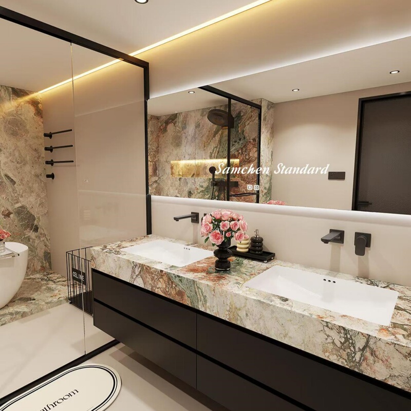 High-End Four-Season Pink Slate Ceramic Seamless Integrated Double-Basin Bathroom Cabinet Combination for Washing Hands and Face