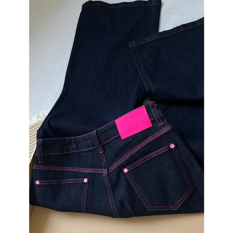 American Retro Pink Stitched Wide-Leg Jeans for Women, Petite Size, Summer High-Waisted, Slimming, Drapey Straight-Leg Casual Pants
