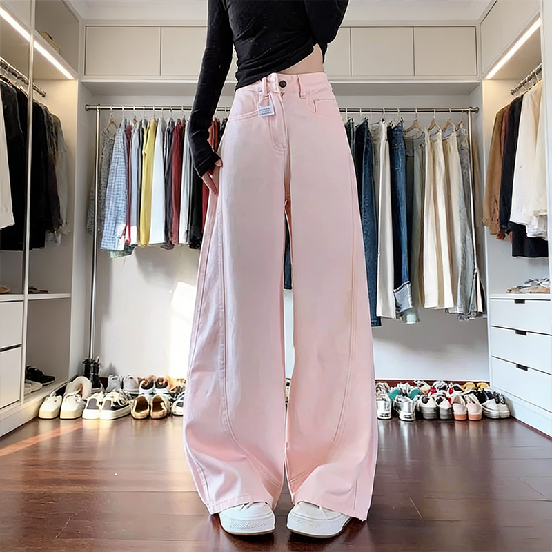 Petite Pink Curved Hem Wide-Leg Jeans for Women, Summer Loose Fit, Slimming, Drapey, Sweet Straight-Leg Floor-Length Pants Petite Pink Curved Hem Wide-Leg Jeans for Women, Summer Loose Fit, Slimming, Drapey, Sweet Straight-Leg Floor-Length Pants