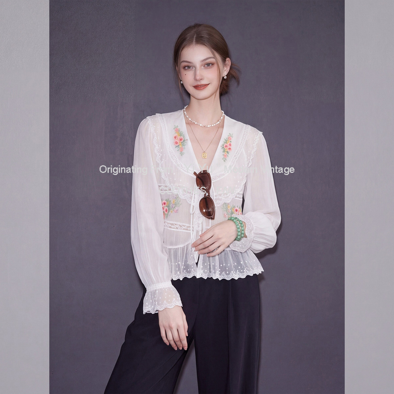 French-Style Pastoral Embroidered Floral Lace Shirt for Women, Early Autumn V-Neck Tie, Very Beautiful Short Hollow-Out Sun-Protective Top