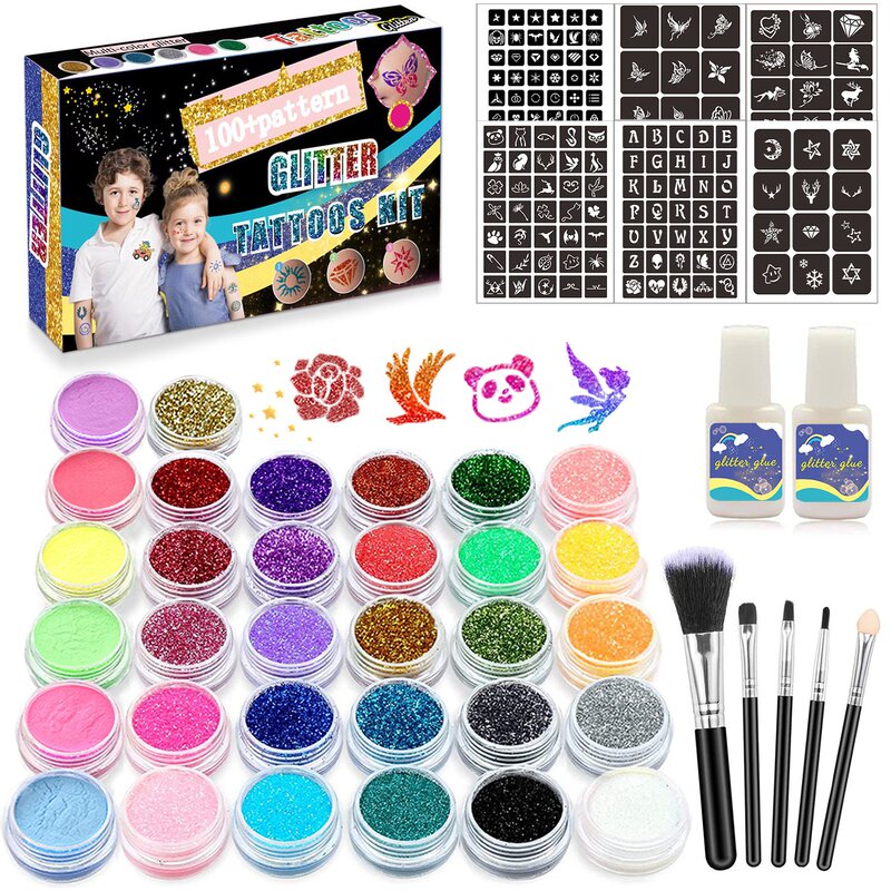New Tattoo Glitter Set with 26 Colors of Glitter and 6 Colors of Glow-In-The-Dark Powder, Stage Party Glitter Makeup Temporary Tattoos New Tattoo Glitter Set with 26 Colors of Glitter and 6 Colors of Glow-In-The-Dark Powder, Stage Party Glitter Makeup Temporary Tattoos