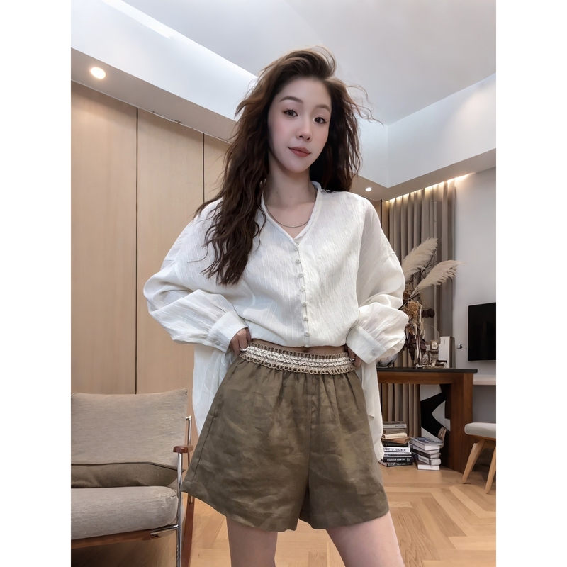 Little Jing Jing Takes a Break [Woven Waist Linen Shorts] 26 Summer Versatile Three-Dimensional Cut Shorts 2604D2309