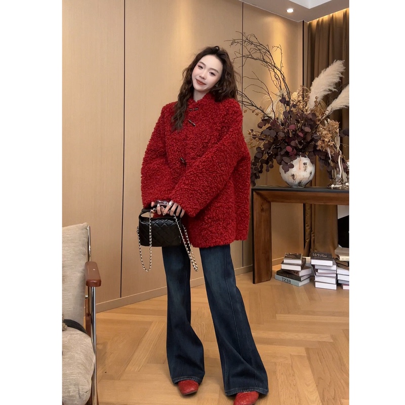 Little Jingjing's New Year Red Fur Coat 2025 Winter New Year Outfit Coat C9451