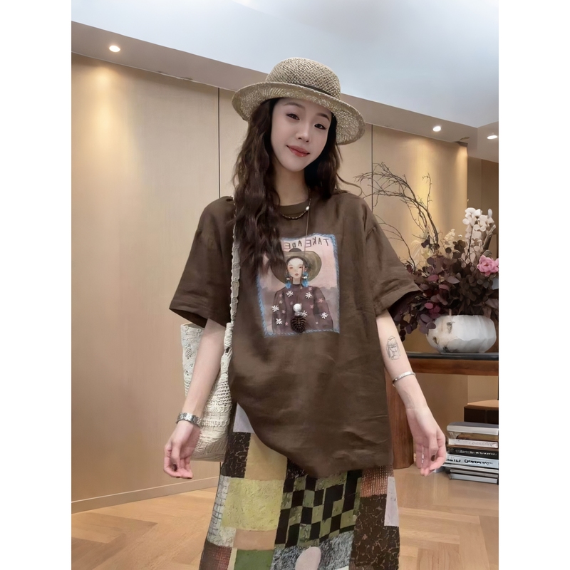 Little Quiet Girl [Hat-Wearing Girl Ramie Top] 26 Summer New Versatile Slimming T-Shirt 2606D3555