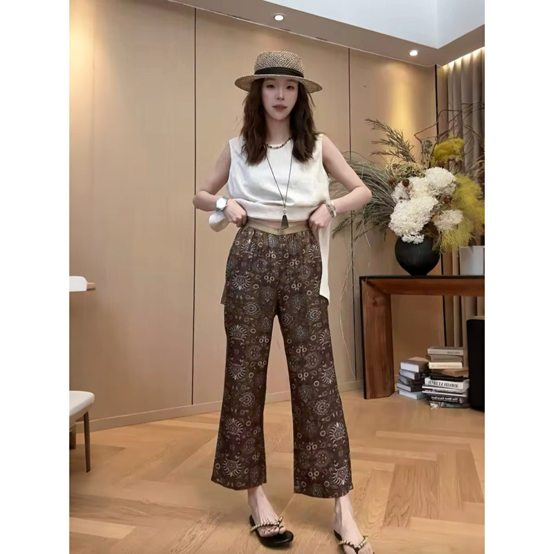 Little Jing Jing Takes a Break [Dark Brown Paisley Flared Pants] 2026 Summer New Versatile Casual Pants D3986