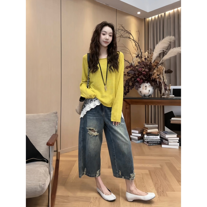 Little Jing Jing Takes a Break [Mustard Yellow Knit Top] 2026 Spring/Summer New Versatile T-Shirt Top 2604D1795