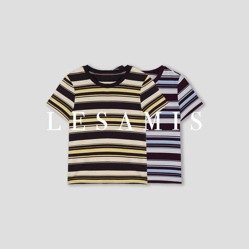 Lesamis·「Line Shadow Chasing Summer」Design with Contrasting Stripes, Round Neck, Versatile Short-Sleeved T-Shirt A862002188