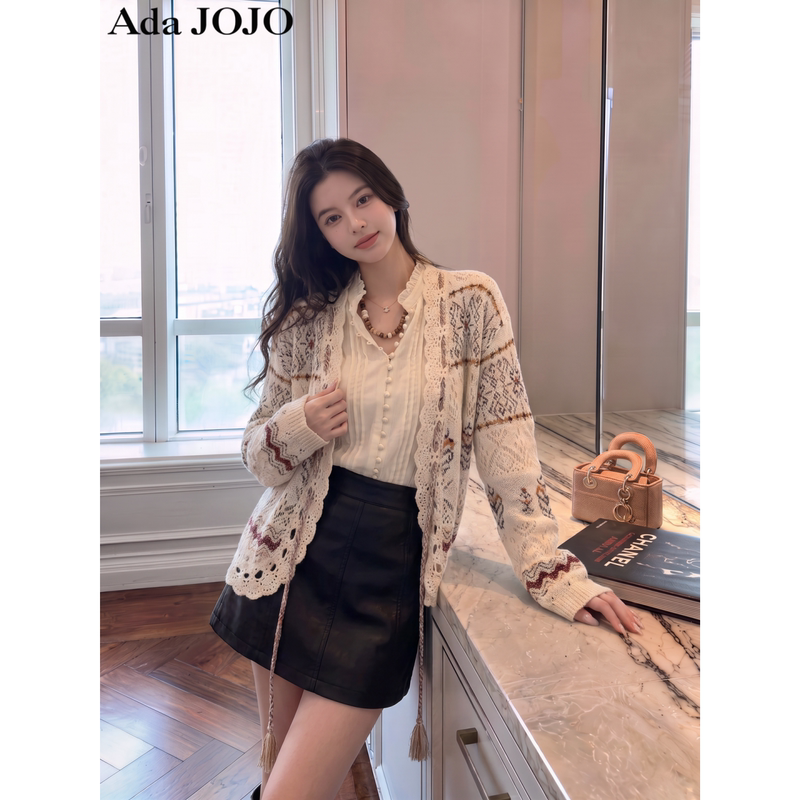 Ada Jojo's New Autumn Style Bohemian Style Cut Out Knitted Cardigan for Women with White Patterned Long-Sleeved Sweater Outerwear