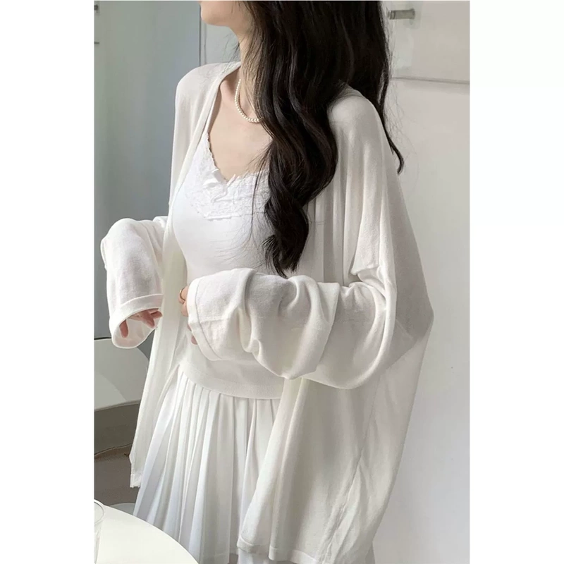 Summer Lightweight and Casual Cardigan for Women, White Air-Conditioning Shirt, Long-Sleeved Jacket, Ice Silk Sun Protection Cover-Up, Super Fairy-Like and Sweet