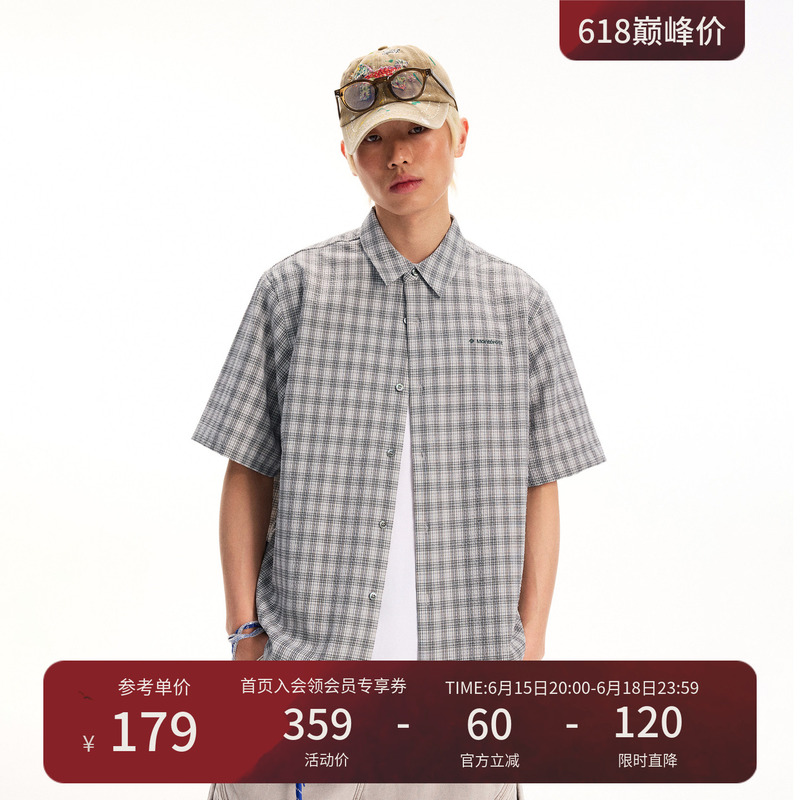 Instant Mountain Monrest Retro Lapel Embroidered Logo Seersucker Plaid Breathable Loose Short-Sleeved Shirt