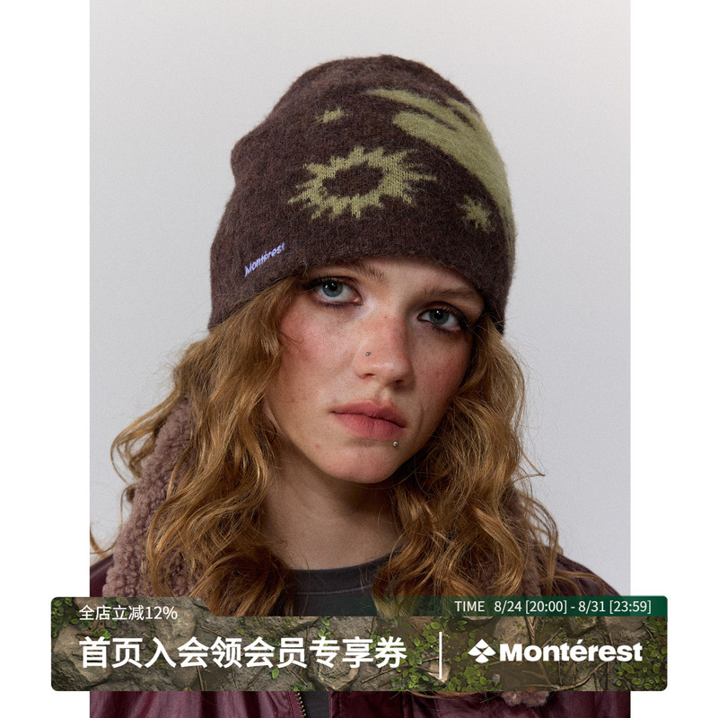 Monterest Retro Jacquard Pattern Yarn Brushed Embroidered Logo Velvet-Feel Knit Hat Cold Weather Hat