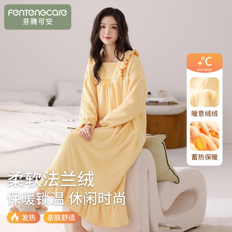 Fenteng Ke'An 2026 New Flannel Women's Nightgown, Cute Fleece-Lined Thick Coral Fleece Warm Dress Fenteng Ke'An 2026 New Flannel Women's Nightgown, Cute Fleece-Lined Thick Coral Fleece Warm Dress