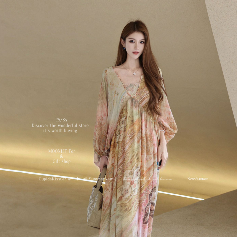 Vacation Style Dress for Women, Light Luxury, High-End, Socialite Temperament, Birthday Dress, Heavy Craftsmanship, French Print, V-Neck Long Dress