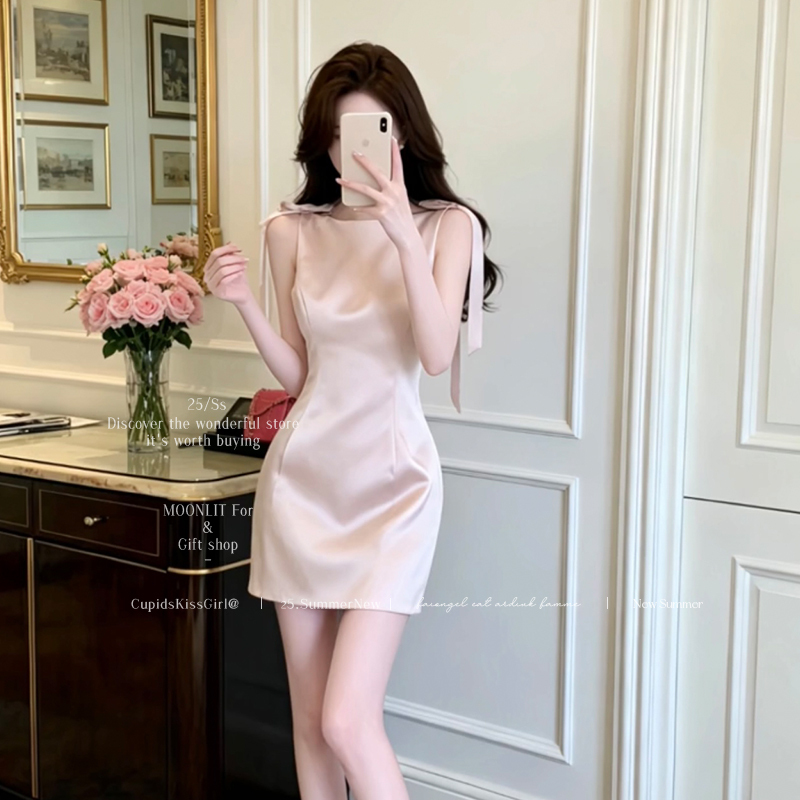 Elegant Dress for Women with a Rich Girl Vibe, Birthday Party Dress with Elaborate Bow, Sweet Style, Waist-Cinching Satin Short Dress Elegant Dress for Women with a Rich Girl Vibe, Birthday Party Dress with Elaborate Bow, Sweet Style, Waist-Cinching Satin Short Dress