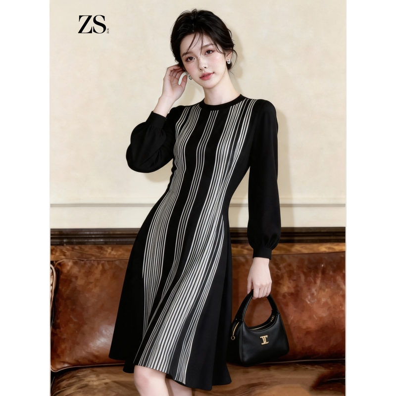 Elegant and Stylish Hepburn-Style Slim-Fit Black Line-Patterned Round-Neck Long-Sleeve Dress for Women in Autumn Elegant and Stylish Hepburn-Style Slim-Fit Black Line-Patterned Round-Neck Long-Sleeve Dress for Women in Autumn