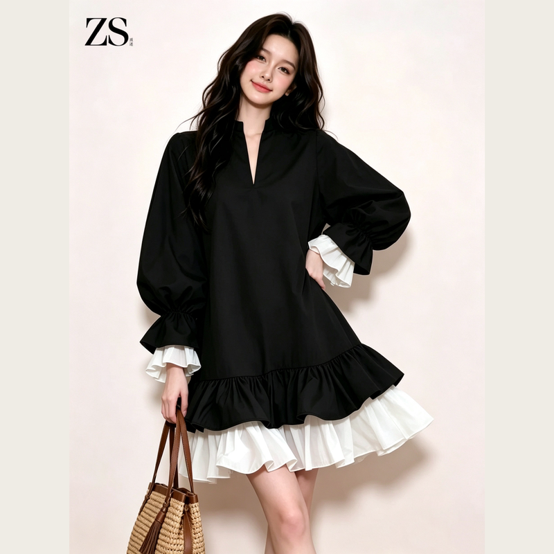 Zs French-Style Loose Plus-Size Long-Sleeve Shirt Dress for Early Autumn with V-Neck and Double-Layer Ruffles Zs French-Style Loose Plus-Size Long-Sleeve Shirt Dress for Early Autumn with V-Neck and Double-Layer Ruffles