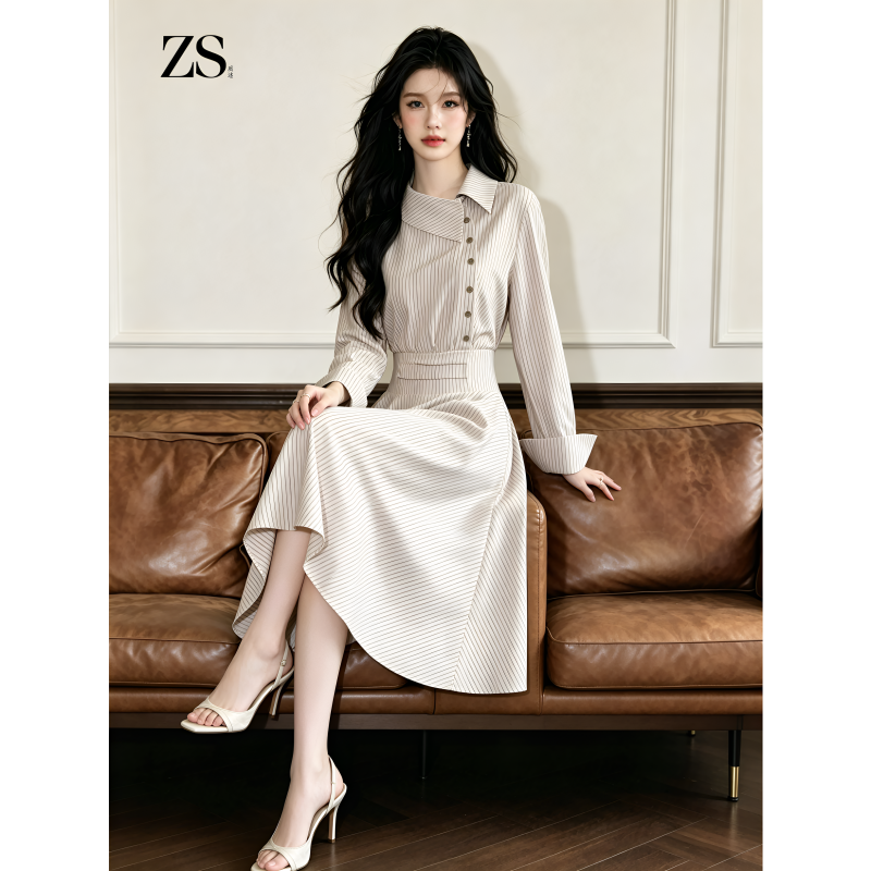 French-Style Elegant White Long-Sleeve Dress with a Turn-Down Collar for Women, Waist-Cinching, Slimming, Long Dress with a Mature and Stylish Look