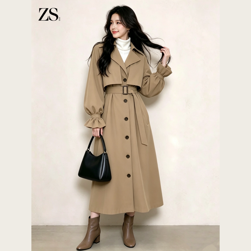High-End Lantern Sleeve Tie-Waist Long Trench Coat 2026 New Model Trendy Hot-Selling Silhouette Coat This Year High-End Lantern Sleeve Tie-Waist Long Trench Coat 2026 New Model Trendy Hot-Selling Silhouette Coat This Year