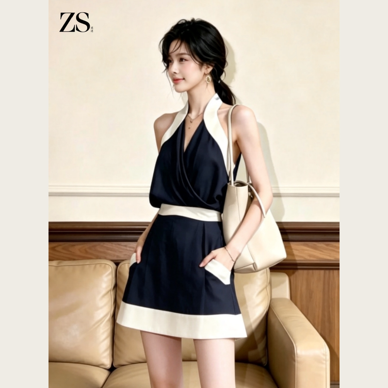 Summer Old Money Style Ootd Outfit Set: Navy Blue Halter Top + Contrasting Edge Short Skirt Two-Piece Set for Women