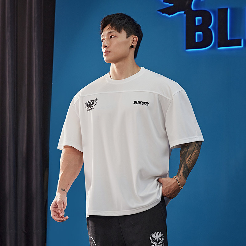 Американская спортивная футболка для фитнеса BLUESFLY с короткими рукавами для мужчин и женщин, круглый вырез, свободные рукава до половины длины, бренд tide, тренирующий мышцы больше Изображение 1