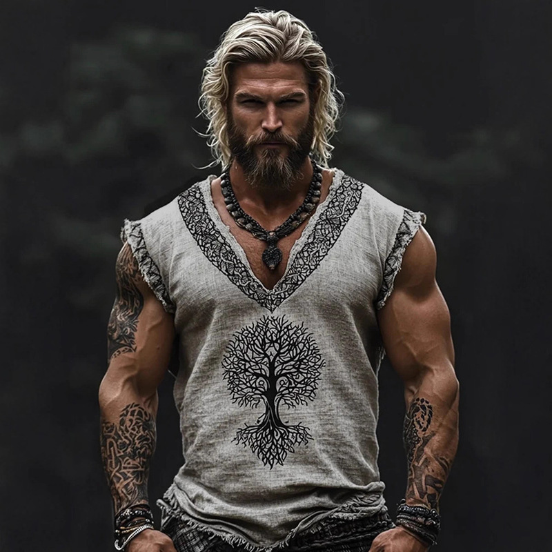 European and American Style Men's V-Neck Linen Vest, Summer Loose Fit, 3D Printed, Muscle-Showing, Tough Guy Sports Casual Top