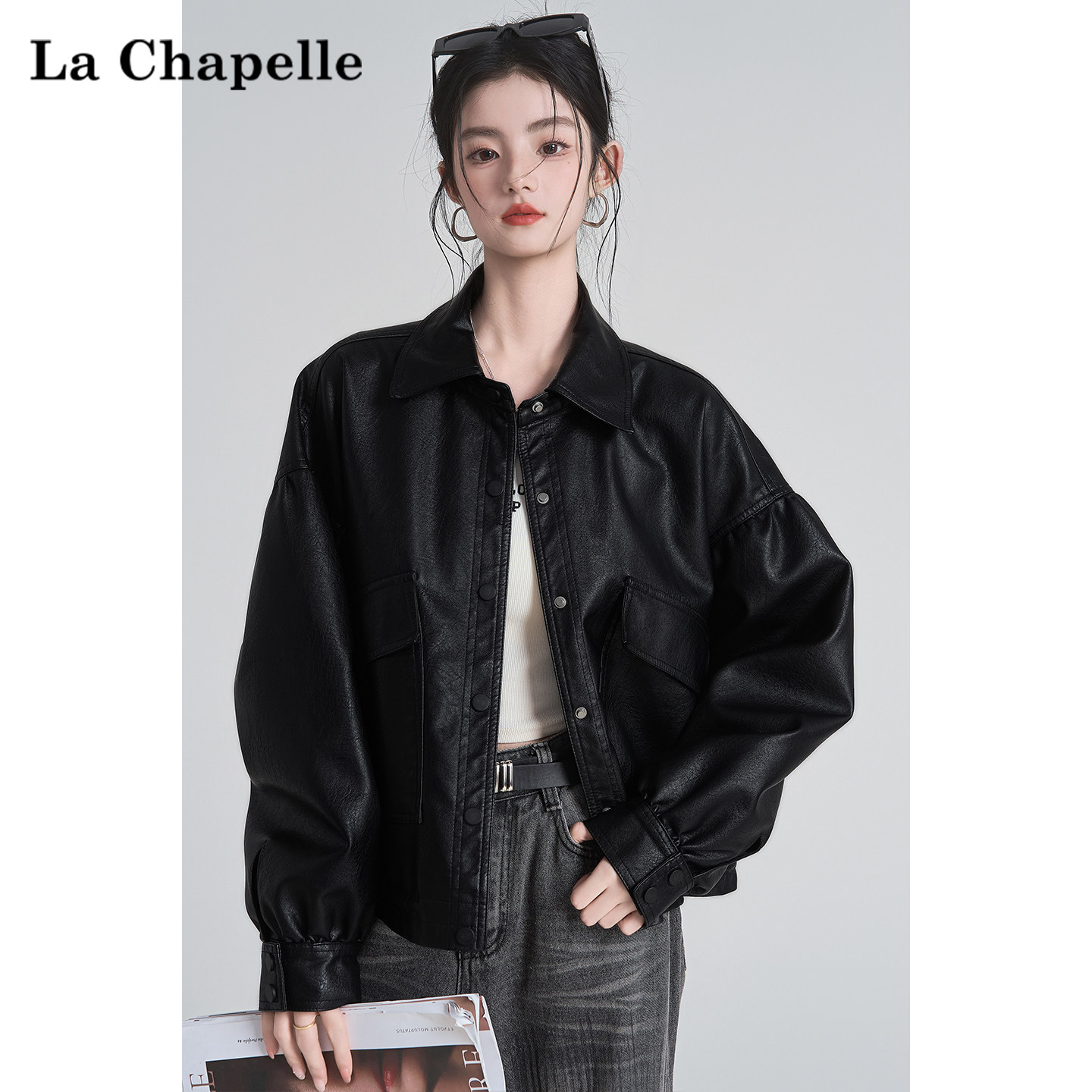 La Chapelle High-End Black Collared PU Leather Jacket for Women, 2026 Spring and Autumn New Loose-fitting Motorcycle Jacket