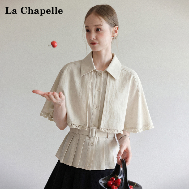 La Chapelle Cape Collar Shirt for Women, New Summer Style, Old Money Style Shirt, Waist-Cinching, Slimming, Lace Splicing Top