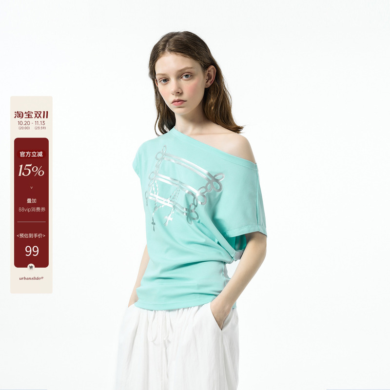 Urbanslide Printed Short-Sleeved Women's Summer New Loose and Lazy T-Shirt with a Sense of Design and Slanted Shoulders