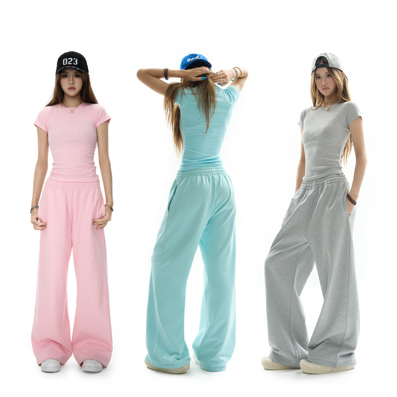 Urbanslide American-Style Casual Sweatpants for Women, Ice Cream Blue Straight-Leg Sports Wide-Leg Pants