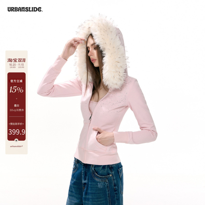 Urbanslide Pink Detachable Fur Collar Hooded Sweatshirt for Women, Autumn Slim-Fit Zip-Up Cardigan Jacket Urbanslide Pink Detachable Fur Collar Hooded Sweatshirt for Women, Autumn Slim-Fit Zip-Up Cardigan Jacket