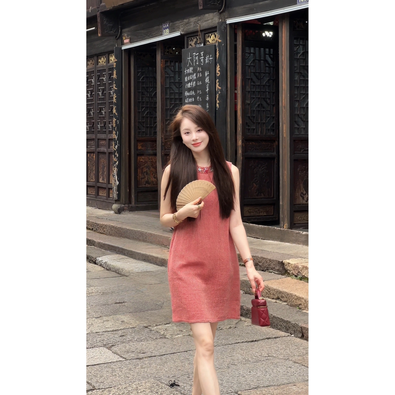 Aiwenwen Iris Rhinestone Dress 26 Summer "50 Linen 50 Cotton" French Style Elegant Little Dress 26Lyq8