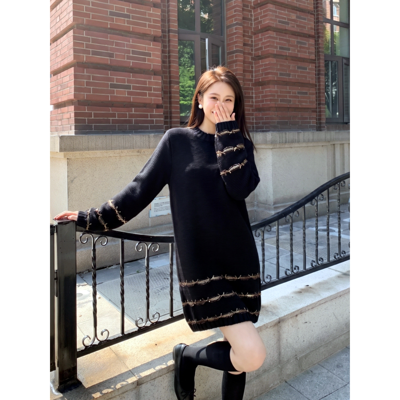 Ai Wenwen Iris Peris 26 Wool Blend Beaded Black Dress Women's Autumn Long-Sleeved Dress Ai Wenwen Iris Peris 26 Wool Blend Beaded Black Dress Women's Autumn Long-Sleeved Dress