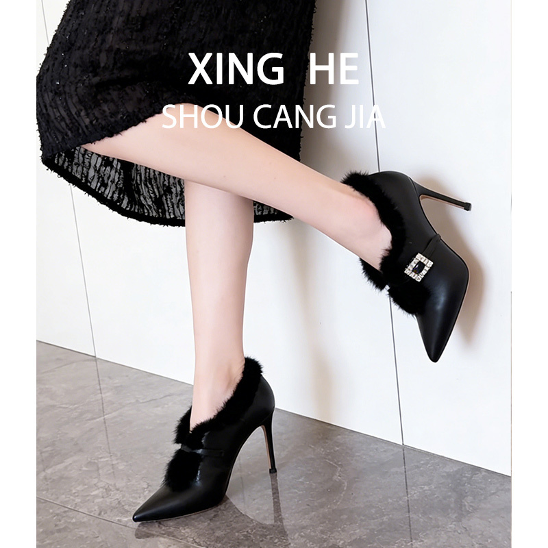 Retro Style Mink Fur Strap Black Pointed Toe Deep-Cut Single Shoes High-End Rhinestone Stiletto High-Heeled Ankle Boots for Women Retro Style Mink Fur Strap Black Pointed Toe Deep-Cut Single Shoes High-End Rhinestone Stiletto High-Heeled Ankle Boots for Women