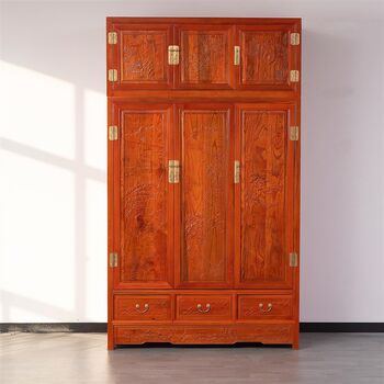 New chinese style carved roof cabinet full solid wood u wood gold rosewood large wardrobe bedroom storage cabinet hanging wardrobe clothes
