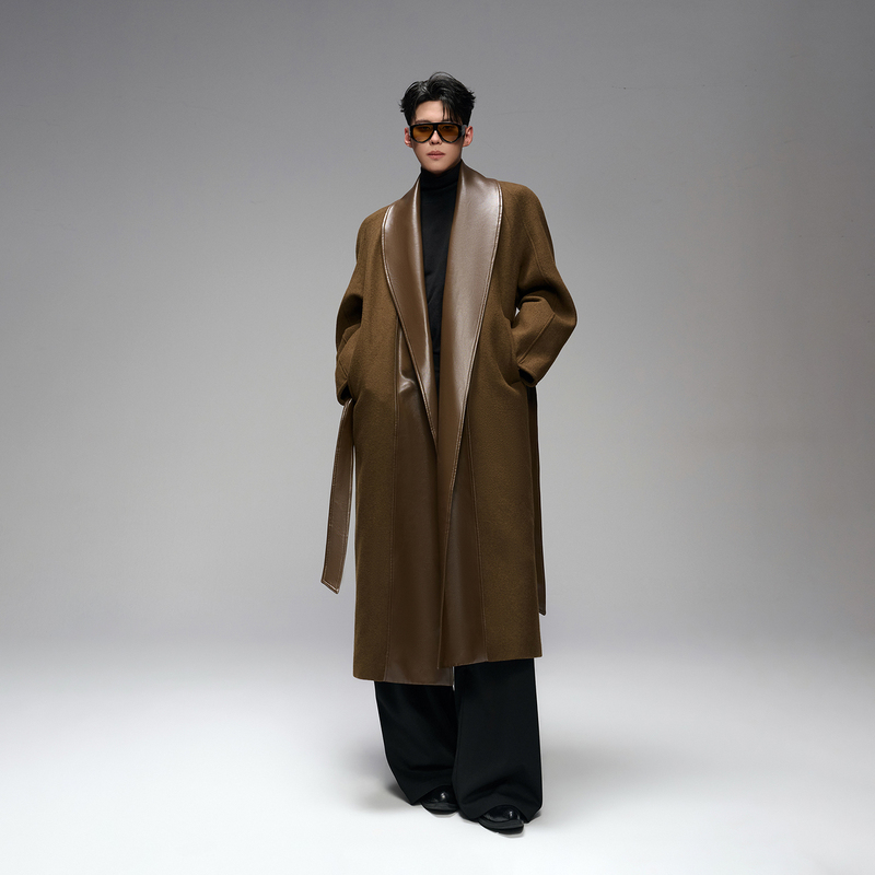 Nobu's "Brace Series" Winter Dark Brown Melange Leather Patchwork Over-The-Knee Brown Wool Lace-Up Coat